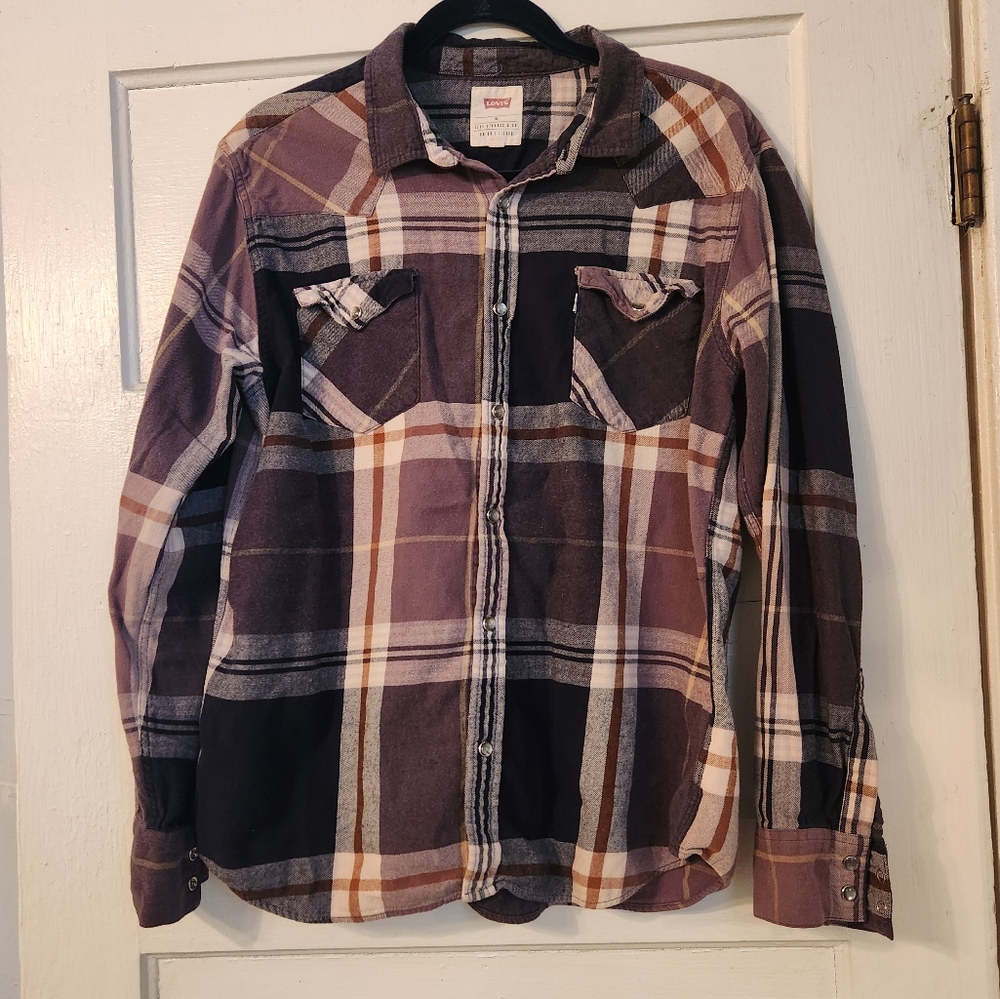 Levi’s Mens Shirt Western Pearl Snap Flannel Black Red Plaid, XL EUC 100% Cotton